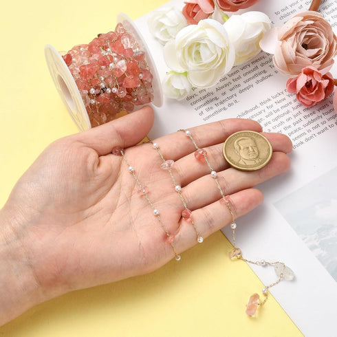 DanLingJewelry 5m Brass Handmade Natural Rose Quartz Stone Beading Chain Pink Irregular Crystal Chains with Spool for Jewelry Making Supplies...