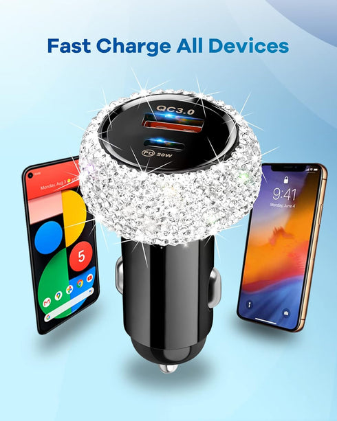 Bling USB C Car Charger, 38W PD + QC Dual Port Fast Charging Adapter with 3.2FT Type-C Charging Cable Compatible for iPhone 15 Pro Max iPad Androi...