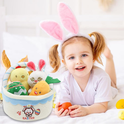 5Pcs My First Easter Basket Stuffed Plush Playset Easter Basket Stuffers Stuffed Cartoon Bunny Easter Egg Plush Basket for Kids...