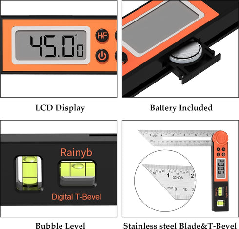 Digital Angle Finder Protractor 0-360 Degree T-Bevel Gauge & Protractor with Horizontal Vertical Bubble & Full LCD Display for Woodworking, Metalw...