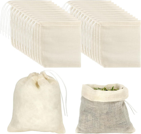 24 Pieces Reusable Drawstring Soup Bags - 3 x 4 inch Straining Cheesecloth Bags, Cotton Coffee Tea Brew Bags, Soup Gravy Broth Brew Bags, Herbs Sa...