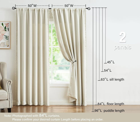 Treatmentex Pompom Window Curtain Panels Natural 45" Long Small Window Curtain Ivory Curtain Drapes for Basement Laundry Room Darkening Curtains 2...