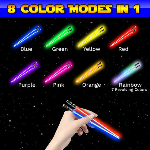 LIGHTSABER CHOPSTICKS LIGHT UP STAR WARS LED Glowing Light Saber Chop Sticks REUSABLE Sushi Lightup Sabers Removable Handle Dishwasher Safe 8 Colo...