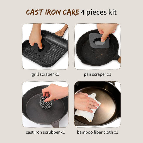Herda Cast Iron Scrubber Scraper Tool Kit, 4Pieces Cast Iron Skillet Cleaner Cleaning Care Kit 316 Chain Mail Scrubber, Steel Skillet Brush Plasti...