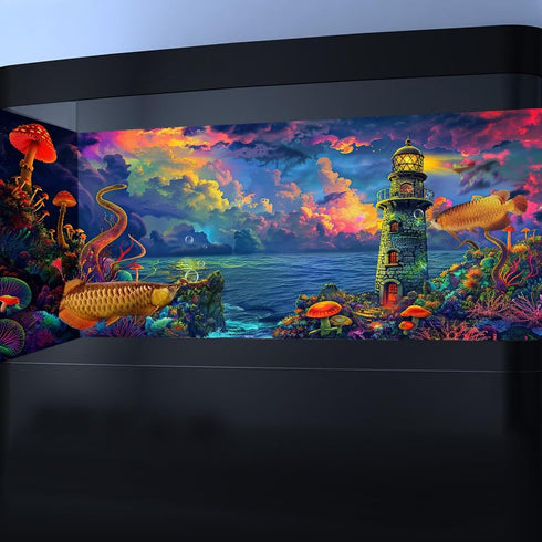 Aquarium Background with Cloud Sky Design, Fantasy Landscape Tapestry Trippy Neon Galaxy Space Fish Tank, Nature Lighthouse Lake Tapestry Wall Han...