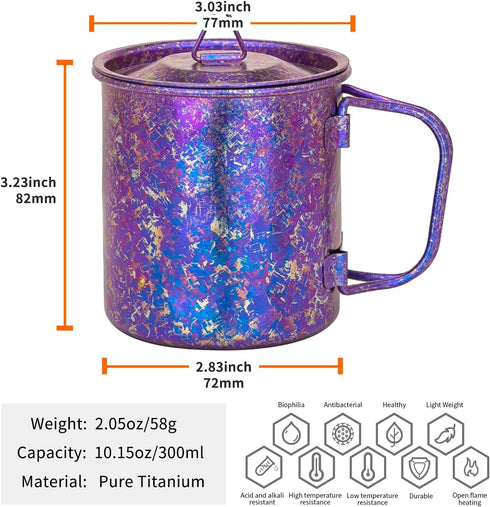 TiTo Titanium Cup Titanium Pot with Lid Ultralight Portable 300ml Foldable Handle Camping Tea Coffee Water Mug for Outdoor Backpacking Hiking Picn...