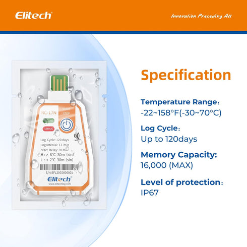 Elitech RC-17N NFC Disposable USB Temperature Data Logger PDF Report Light Indicator...