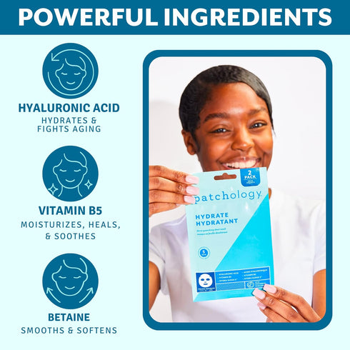 Patchology Hydrating Face Mask with Hyaluronic Acid - Fast Acting Skincare Treatment, Moisturizing Sheet Masks for Men & Women with Skin Hydration...