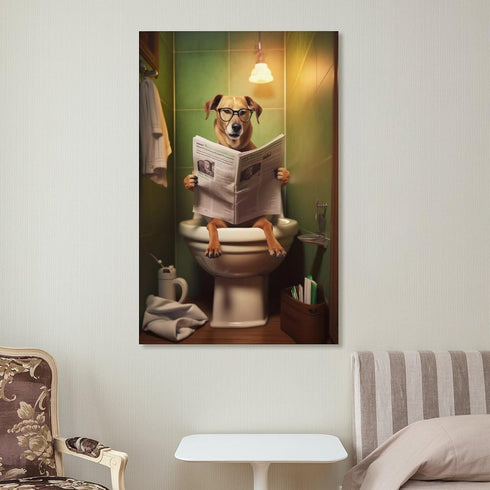 FireDeer Funny Bathroom Canvas Wall Art Dog Animal Reading the Newspaper On Toilet Poster Humor Painting Canvas Prints Modern Aesthetic Picture Fa...