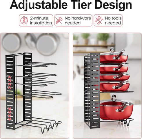 MUDEELA Pots and Pans Organizer Rack under Cabinet, 8-Tier Kitchen Organizers and Storage Pot Racks, Adjustable Pot Organizers inside Cabinet with...