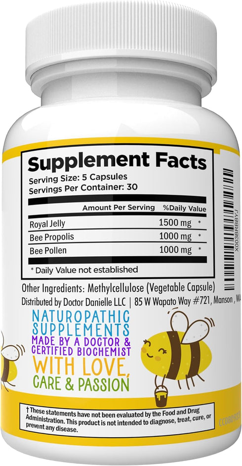 Dr. Danielle's Bee Wise - Bee Pollen Supplement - Bee Well with Royal Jelly, Propolis, Beepollen in 4 Daily Bee Pollen Capsules...