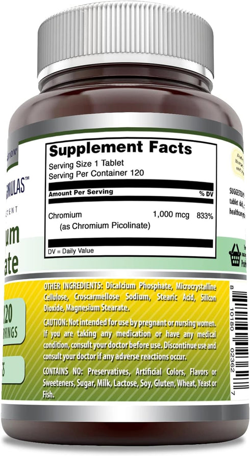 Amazing Formulas Chromium Picolinate | 1000 Mcg Tablets Supplement | Non-GMO | Gluten Free | Made in USA (1 Pack, 120 Count)...