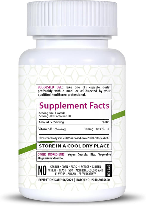 Vitamin B1 100mg | 60 Capsules | Thiamine Supplement | Supports Overall Health | Non-GMO | Gluten Free (60 Capsules)...