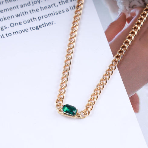 Boho Emerald Necklace Choker Vintage Square Green Crystal Necklace Green Emerald Choker Necklace Punk Gold Curb Chain Necklace Jewelry for Women...