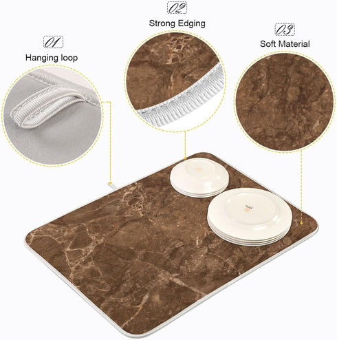 Brown Marble Texture Absorbent Dishes Drainer/Rack Mat for Countertop Small Size 16 x 18, Microfiber Dish Drying Pads Kitchen Counter Draining Pad...