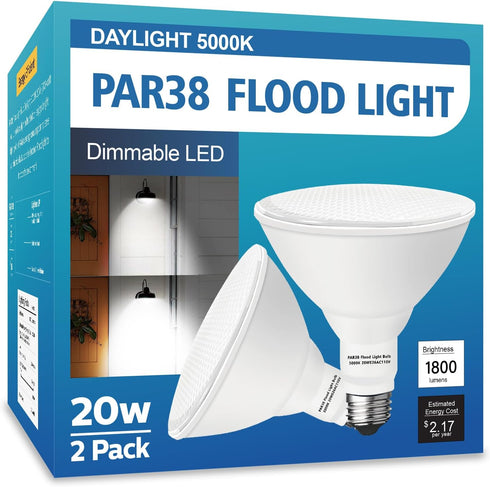 PAR38 LED Outdoor Flood Light Bulbs 2 Pack?Dimmable 20W(200W Equivalent) E26 Base Flood Light Bulbs,5000K Daylight 1800 Lumens LED Flood Light for...