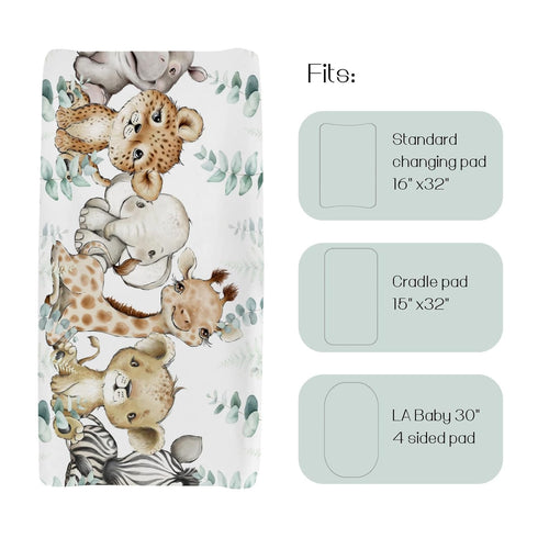 African Safari Jungle Animals Eucalyptus Leaf Changing Pad Cover Baby Girl Boy, Giraffe Elephant Leopard Lion Zebra Diaper Change Table Sheet Soft...