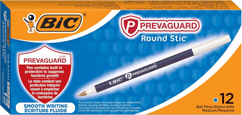 BIC PrevaGuard Round Stic Ballpoint Pen With Built-in Protection To Suppress Bacteria Growth, Medium Point (1.0 mm), Blue, 12-Count...