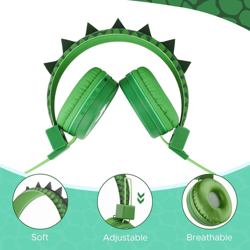 QearFun Dino Headphones for Boys Kids for School,Kids Bluetooth Headphones with Microphone & 3.5mm Jack,Teens Toddlers Wireless Headphones with Ad...