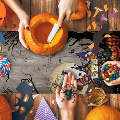 Nialnant Halloween Table Runner,Scary Gnome Truck Trees Halloween Runners for Table Decorations Farmhouse Kitchen Dining Party Indoor Outdoor - 13...