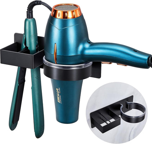 Hair Dryer Holder Wall Mounted, Black Blow Dryer Holder, Stainless Steel Hair Tool Organizer for Hair Straightener Holder, Adhesive Hairdryer Hold...