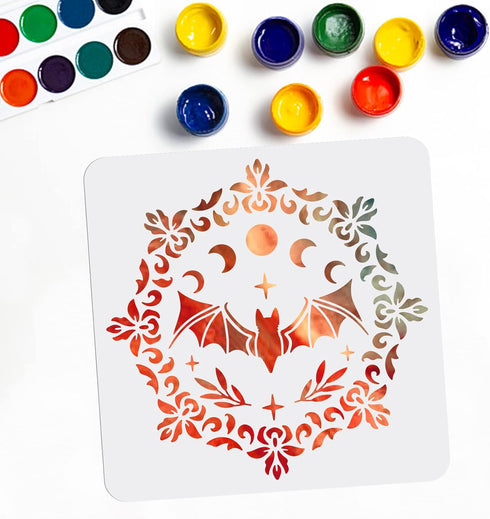 Bat Moon Phase Stencil Bat Painting Template 11.8×11.8inch Cresent Moon Star Flower Reusable PET Material Home Decoration DIY Walls Arts...