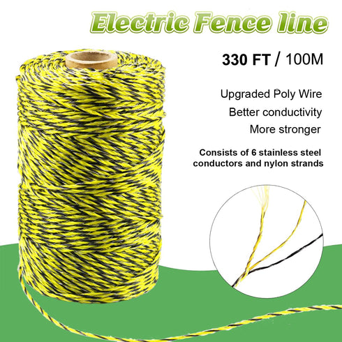 330 Feet Electric Fence Polywire, 100 Meters 1/8" Diameter Portable Electric Fencing Poly Wire Rope Line 6 Steel Strands for Reliable Conductivity...