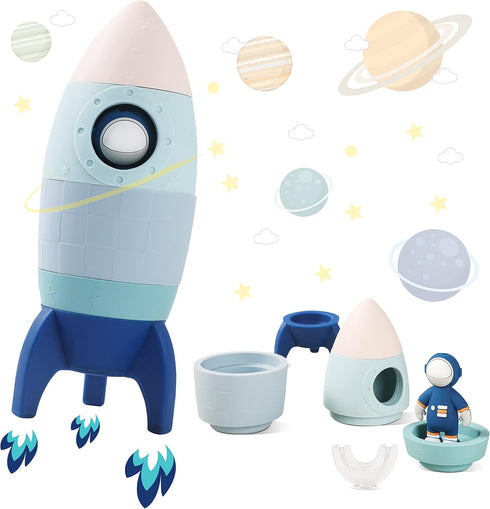 Silicone Rocket Stacking Toy - Space Rocket Toy - Baby Teething Toys -Early Learning Stacking Tower Educational Learning Stacking Toys Nesting Toy...
