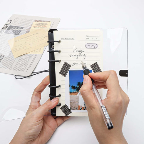 Clear A6 Binder with Elastic Band, 6 Black Rings Journal Planner Clear Budget Binder Thick PVC Notebook Cover Folder for 6 Holes A6 Grid Paper Ref...