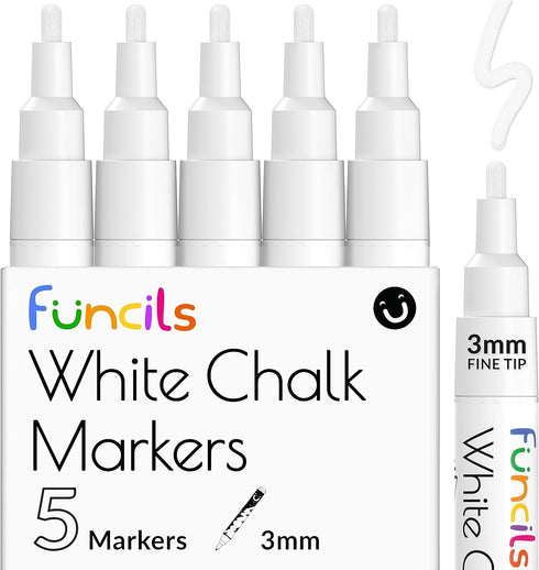 White Chalk Markers Fine Tip (5 Pack 3mm) - Chalkboard Markers, Liquid Chalk Marker Erasable - Thin Chalk Pens For Chalk Board, Blackboard, Glass,...