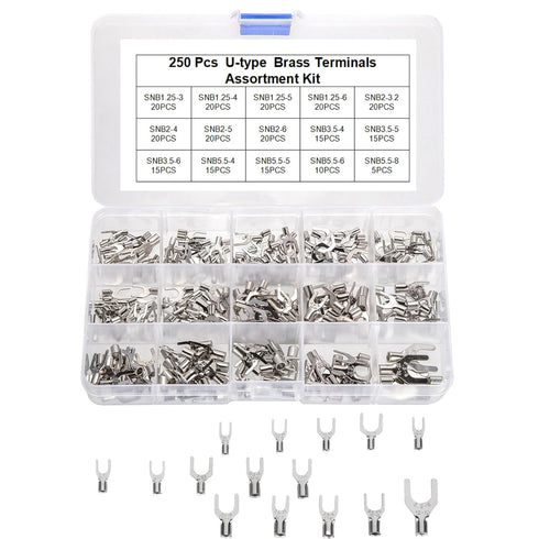 250pcs Non-Insulated Fork Terminals, Copper Fork Wire Connectors Terminals, AWG 22-16 16-14 14-12 12-10 Crimp Fork End Terminal, Tin-Plated Wire L...