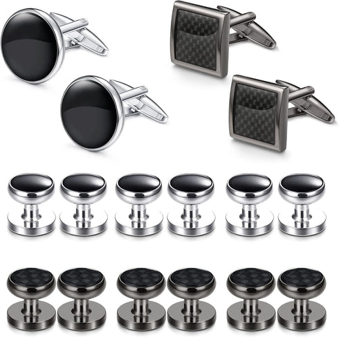 16 Pcs Cufflinks and Studs Set for Men Classic Tuxedo Shirt Cufflinks & Shirt Accessories Black&Silver Match for Business Wedding Formal Suit...