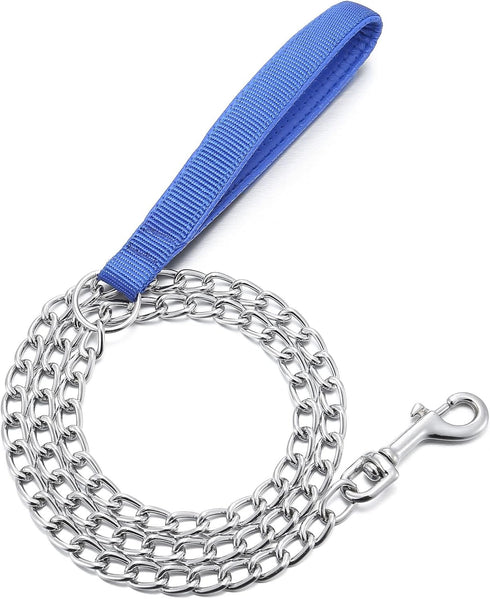 Metal Dog Leash Chew Proof Dog Chain Leash 4ft, 8ft Heavy Duty Sturdy Pet Dog Leash with Red Padded Handle for Large Medium Dogs (4'/3.0mm, Blue H...
