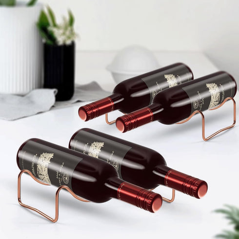 Countertop Wine Rack, 2 Bottles Wine Storage, Metal Wine Holder, Cup and Water Bottle Organizer for Cabinet, Pantry, 2 Pack Rosegold...