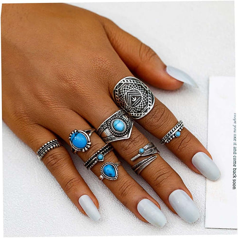 Barode Boho Turquoise Knuckle Vintage Feather Joint Knuckle Ring Set Stackable Midi Ring Set for Women(8PCS)...