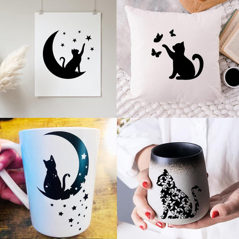 14 Pcs Cat Stencils for Painting on Wood Canvas Shirt, Small Large Flower Moon Cat Stencil Plastic Shirt Fabric Stencils for Painting on Wall Wood...