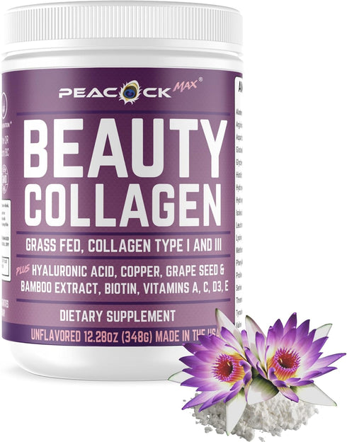 Beauty Collagen Peptides 12.28 oz Grape Seed Extract Biotin Pasture raised Bovine Bamboo extract Vitamin A C D3 E Copper...