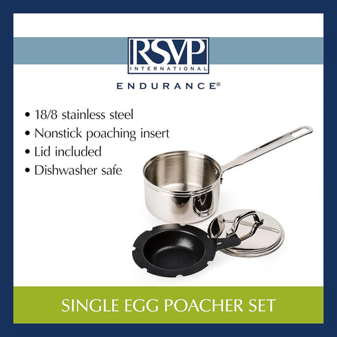 RSVP International Endurance Single Egg Poacher Set | Perfectly Poached Eggs | Includes Stainless Steel Pan | Dishwasher Safe...