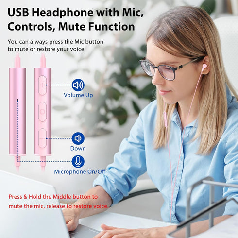 USB Headphone for PC Laptop Magnetic 2.3M Wired Earbuds Computer Headset with Microphone Control Mute Mic Noise Canceling in-Ear Eartips Corded Ea...