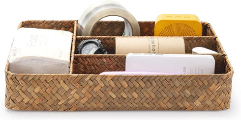 Seagrass Storage Basket with Compartments Utensil Tray for Organization Silverware Flatware Rectangular Shelf Baskets with 4 Sections Natural...