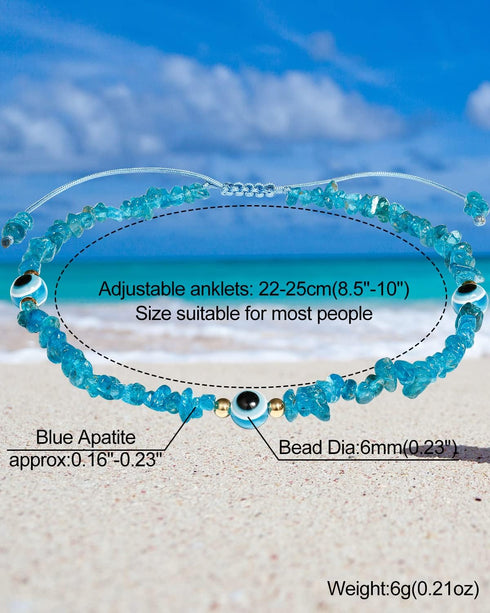 Blue Apatite Evil Eye Anklet Bracelets for Women Tumbled Chip Beach Foot Anklet Amulet Protection Reiki Crystals...