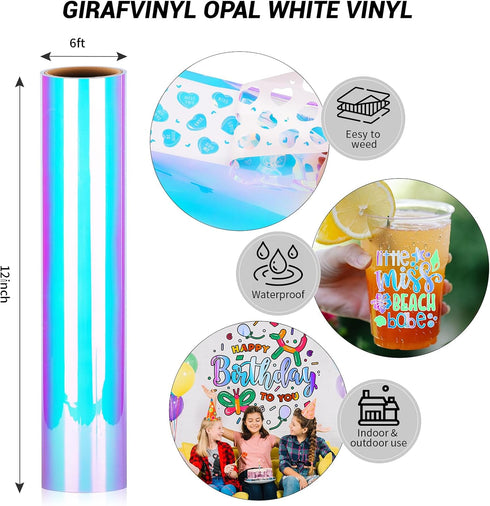 GIRAFVINYL White Holographic Vinyl - 12" x 6 Ft Opal Permanent Iridescent Vinyl for Christmas Home, and Car Decoration, Signs, Stickers...
