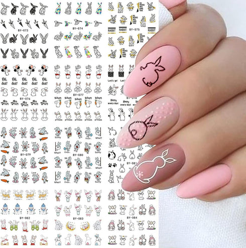 12 Sheets Bunny Nail Art Stickers Easter Water Transfer Nail Decals Cute Rabbit Cartoon Nail Design Abstract Line Rabbit Nail Sticker Easter Nail ...