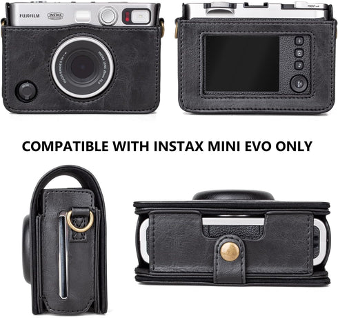 Mini EVO Camera Case, Vintage Leather Case Compatible with Fujifilm Instax Mini EVO, Fuji Instax Mini EVO Cover with Adjustable Strap - Black...