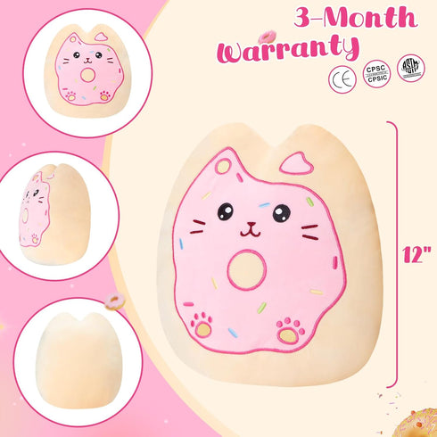 12" Sprinkle Donut Plush Pillow, Pink Cat Plush Kitten Stuffed Animal Squishy Plush Toy Cat Throw Pillow Donut Party Supplies Decorations for Kids...
