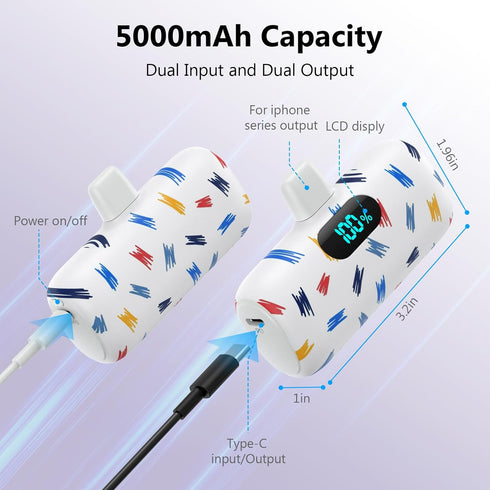 Small Portable Charger for iPhone,5000mAh Colorful Mini Power Bank,PD Fast Charging Portable Phone Charger,LCD Display Cute Battery Pack Compatibl...