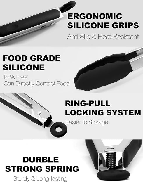 Anaeat Non-Stick Silicone Locking Tong - Stainless Steel 7" Mini Kitchen Food Tongs with Non-Slip Silicone Tips and Grip for Cooking, Baking and B...