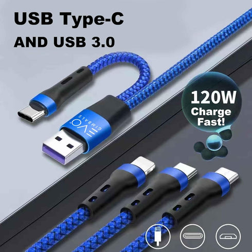 48" Nylon Braided Multi Fast Charge Cable with USB and USB C Input and 3 in 1 Charging Options Type C/Lightning/Micro USB for Most Phones, Cameras...