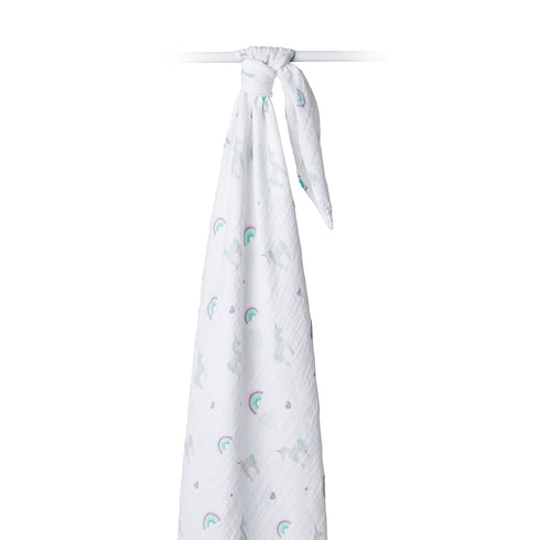 Lulujo Baby 100% Cotton Muslin Swaddle Blanket, 47 x 47-Inches, Rainbows and Unicorns...