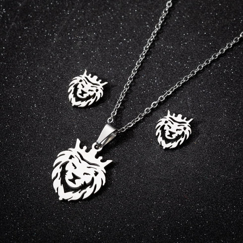 Hollow Crown Lion King Earrings Pendant Necklace Set for Men Women Stainless Steel Lion Head Necklace Jewelry...